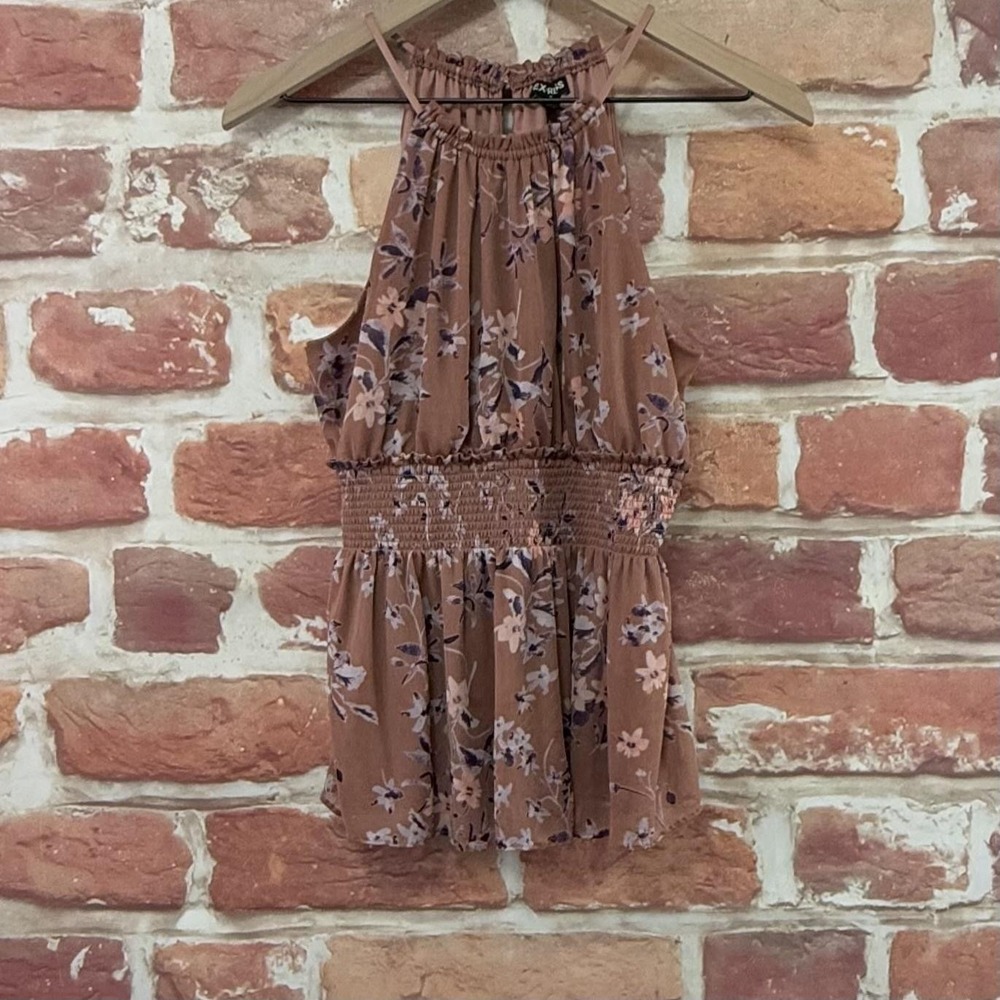 Express Halter Top Women's Small Brown Multicolor Floral Smocked Waist Shirt